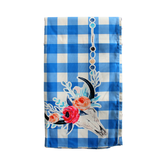 MANTEL  BOTAS Y SOMBRERO BEIGE BORDE AZUL