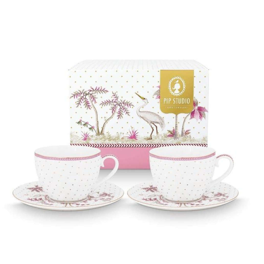 SET X2 TAZAS Y PLATOS JOLIE PUNTOS ORO ROSA