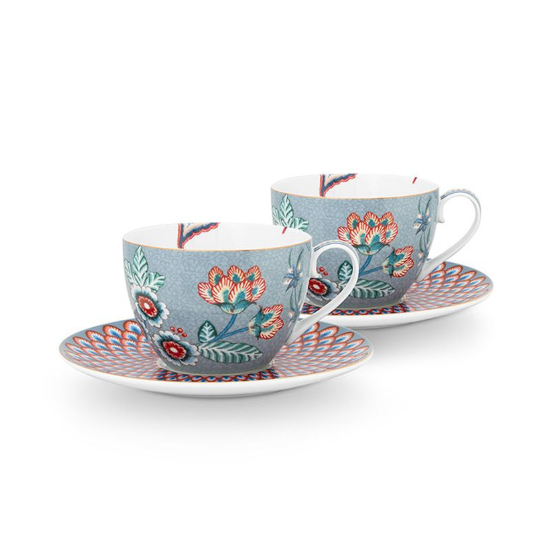 SET X2 TAZAS Y PLATOS FLOWER FESTIVAL AZUL CLARO