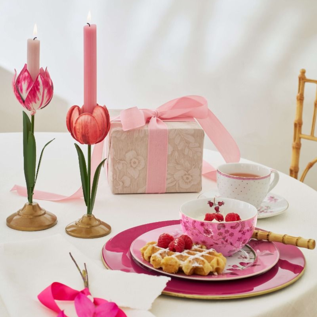SET X2 PORTAVELAS TULIPÁN METÁLICO ROSA