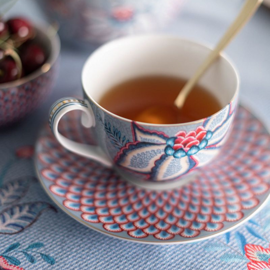 SET X2 TAZAS Y PLATOS FLOWER FESTIVAL AZUL CLARO