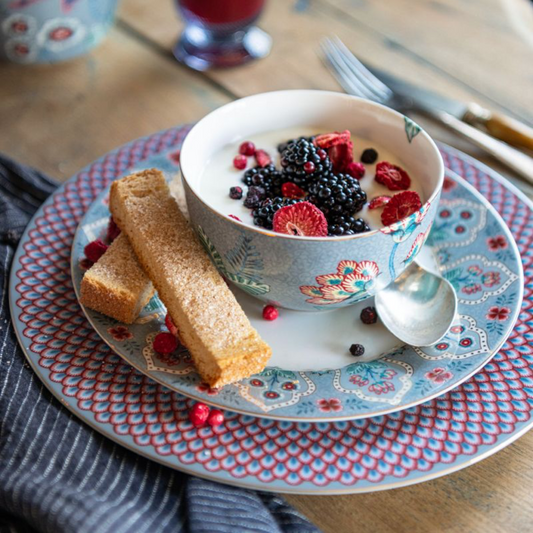 PLATO POSTRE FLORES FESTIVAL DECO AZUL CLARO