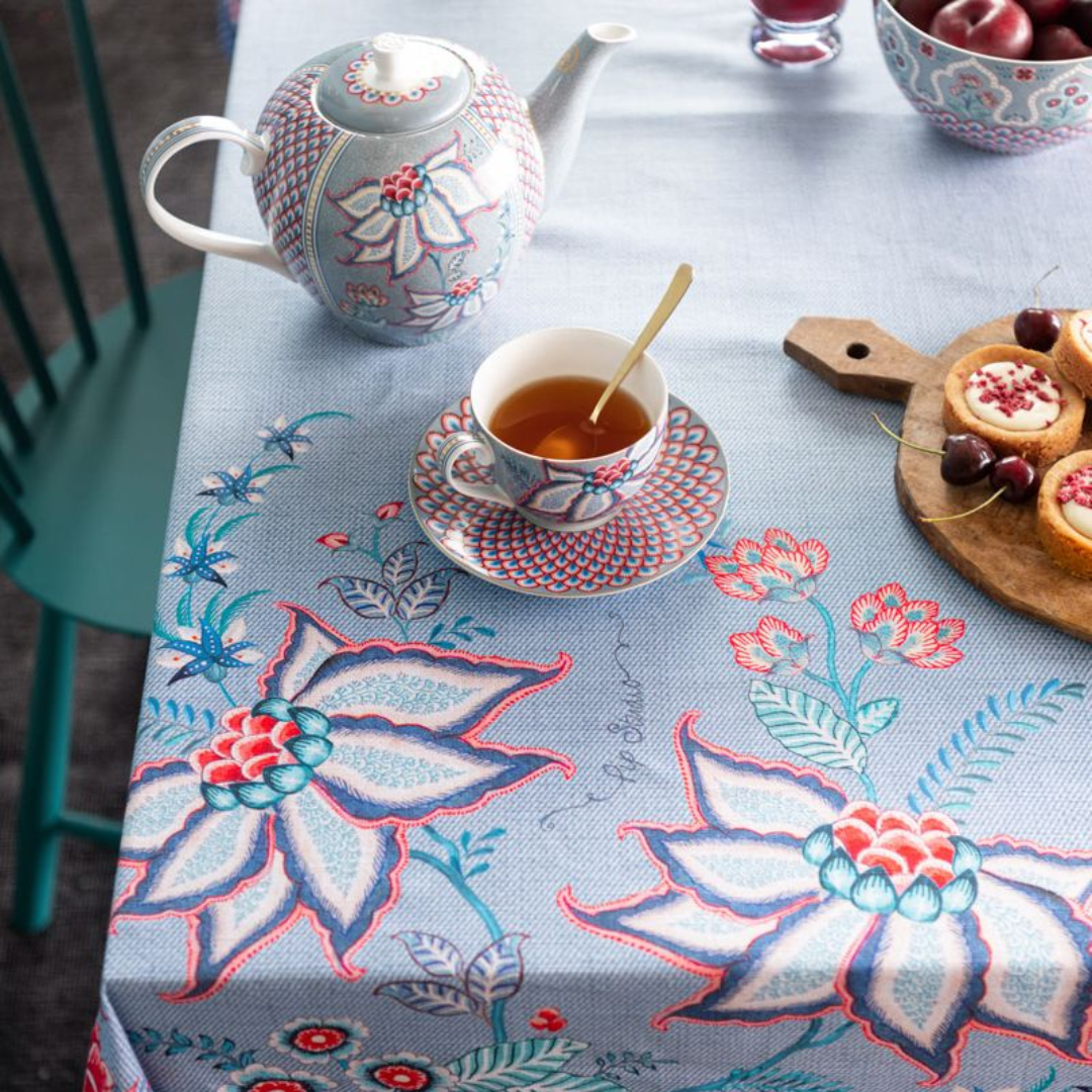 SET X2 TAZAS Y PLATOS FLOWER FESTIVAL AZUL CLARO