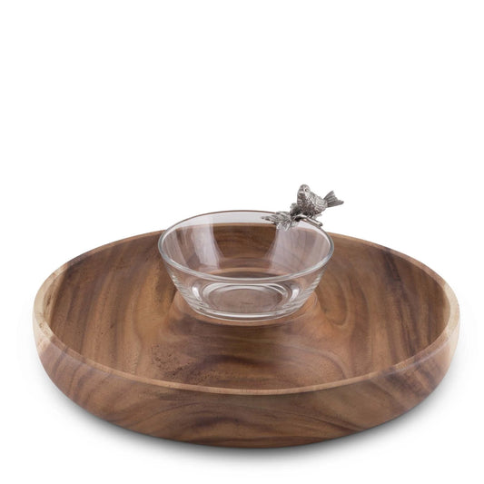 "Chip & dip" en madera con bowl de vidrio y pajaro en peltre
