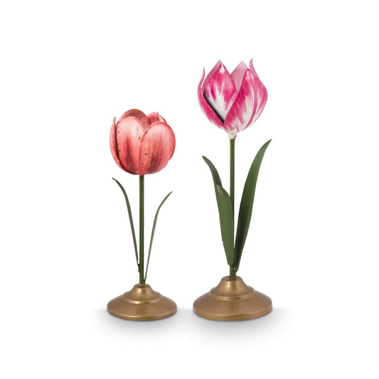 SET X2 PORTAVELAS TULIPÁN METÁLICO ROSA