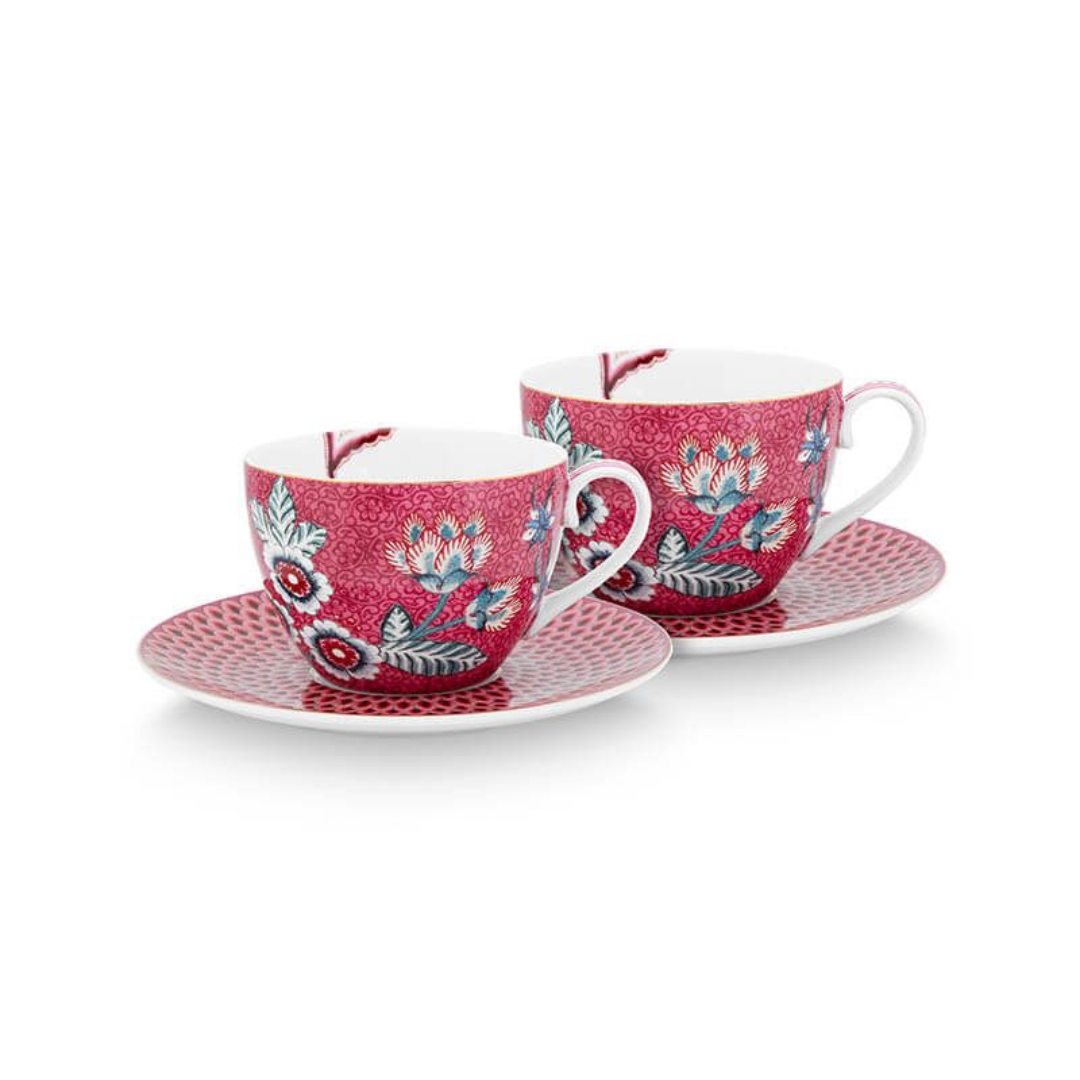 JUEGO DE 2 TAZAS Y PLATO ESPRESSO FLOWER FESTIVAL ROSA