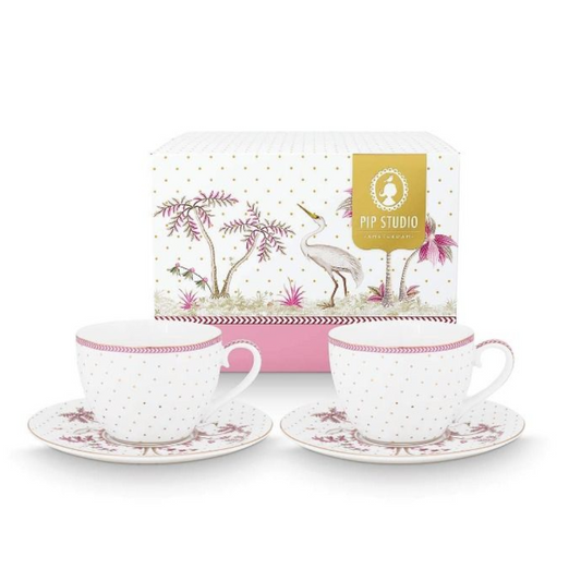 SET X2 TAZAS Y PLATOS JOLIE PUNTOS ORO ROSA