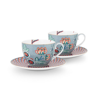 SET X2 TAZAS Y PLATOS FLOWER FESTIVAL AZUL CLARO