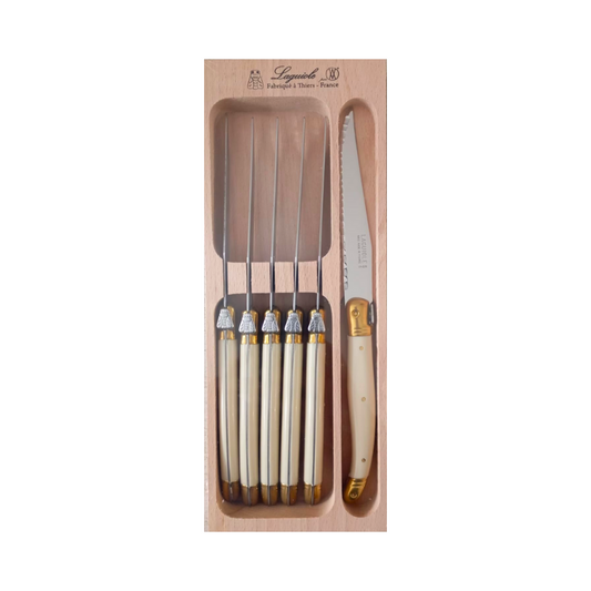SET X 6 CUCHILLOS DE CARNE MARFIL DORADO