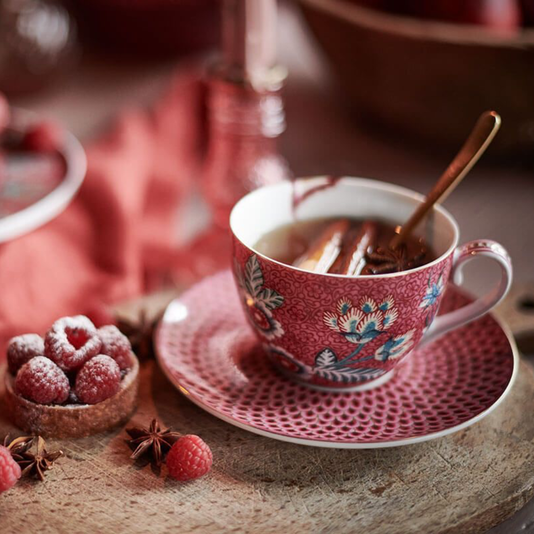 JUEGO DE 2 TAZAS Y PLATO ESPRESSO FLOWER FESTIVAL ROSA