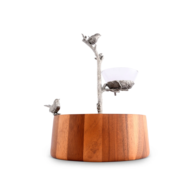 BOWL EN MADERA NIDO DE PÁJAROS EN PELTRE