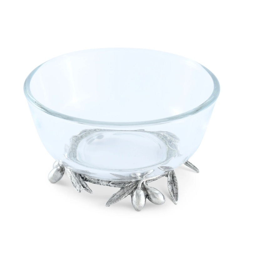 BOWL DE VIDRIO BASE OLIVAS EN PELTRE