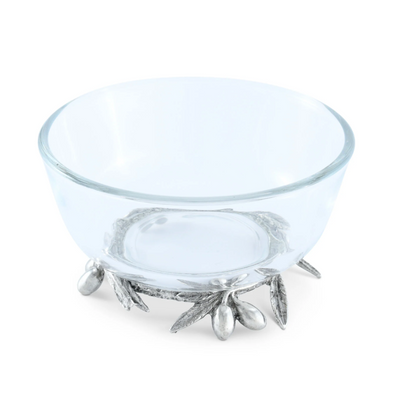BOWL DE VIDRIO BASE OLIVAS EN PELTRE