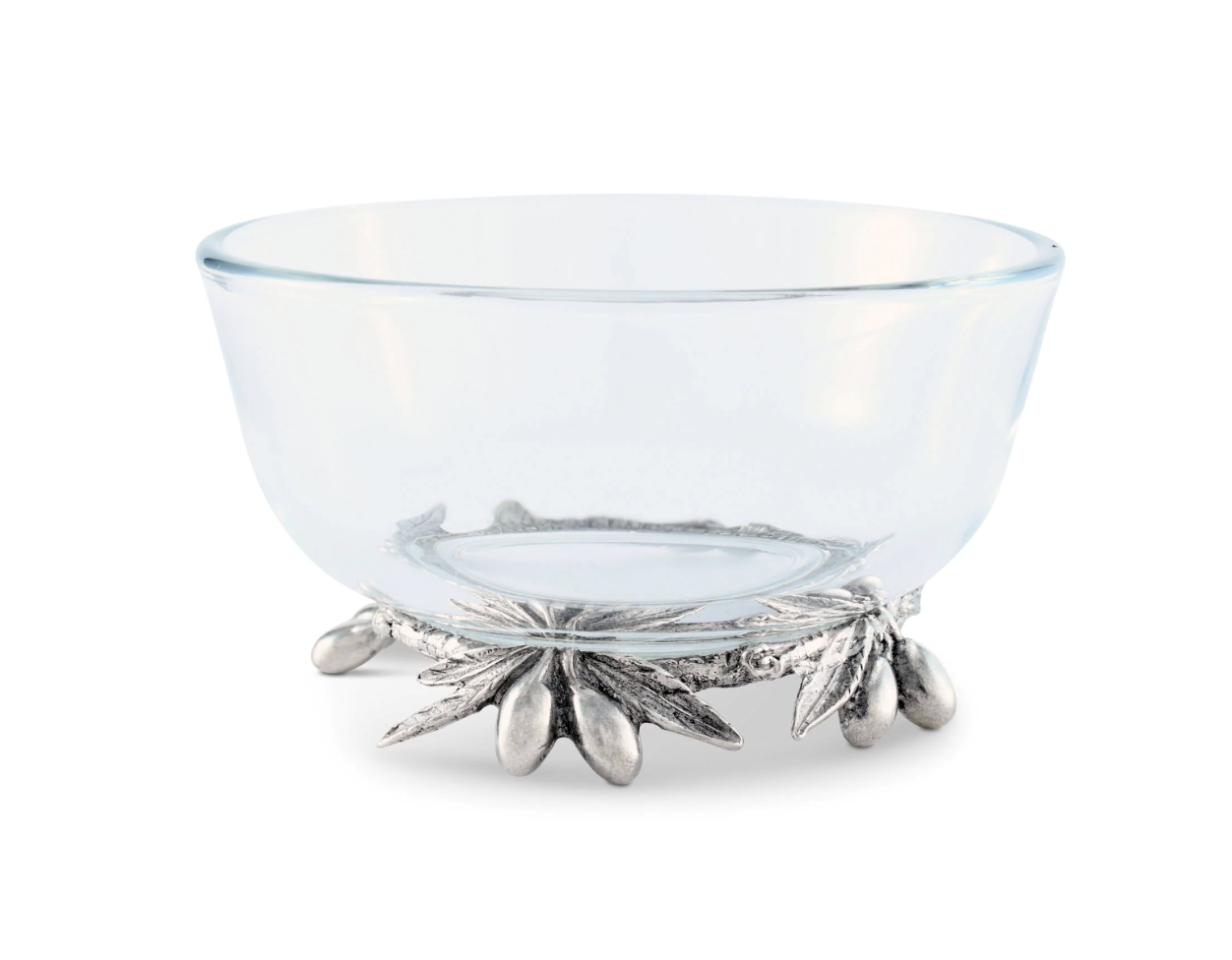 BOWL DE VIDRIO BASE OLIVAS EN PELTRE