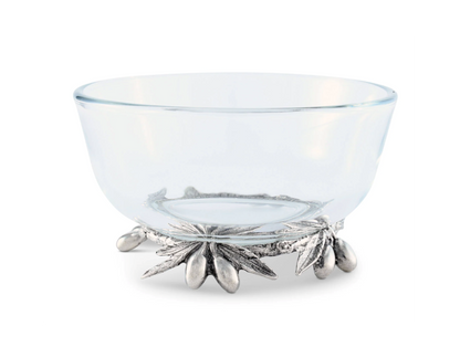 BOWL DE VIDRIO BASE OLIVAS EN PELTRE