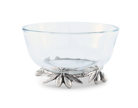 BOWL DE VIDRIO BASE OLIVAS EN PELTRE