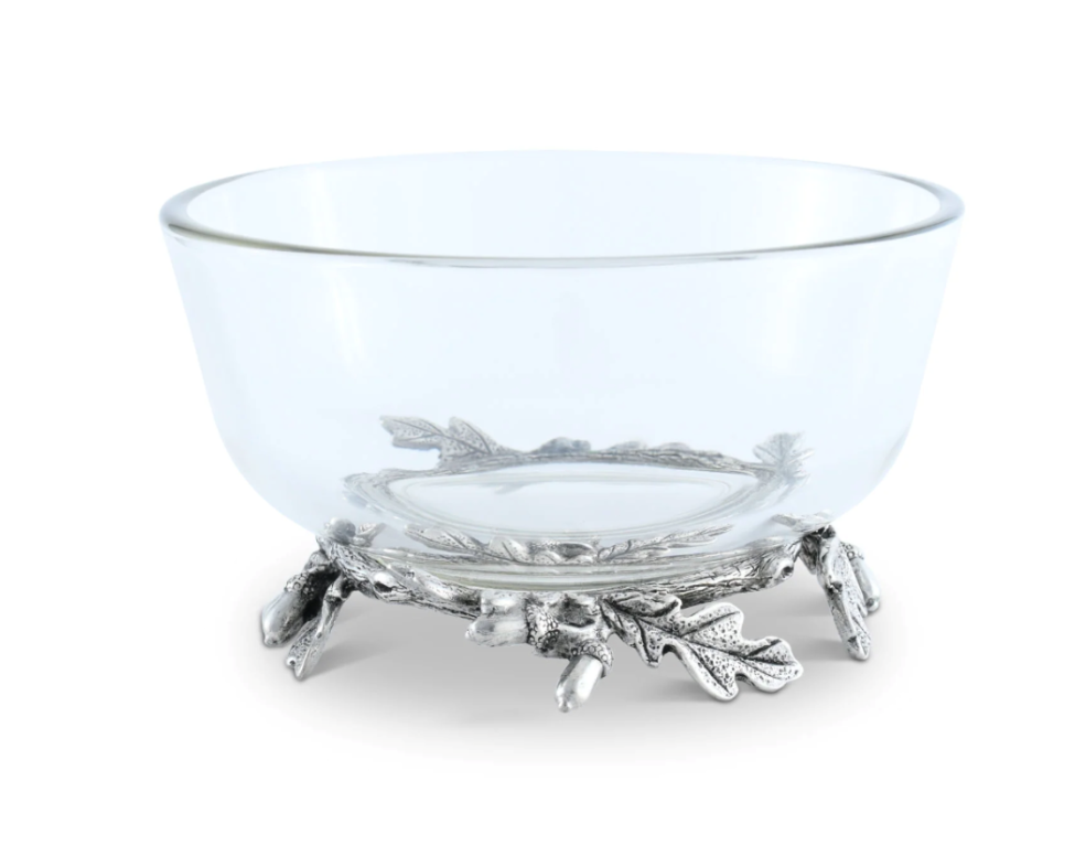 BOWL DE VIDRIO BASE BELLOTA Y HOJA DE ROBLE EN PELTRE