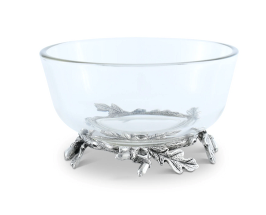 BOWL DE VIDRIO BASE BELLOTA Y HOJA DE ROBLE EN PELTRE