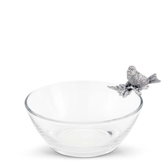 Bowl de vidrio con decoración de pájaro en peltre